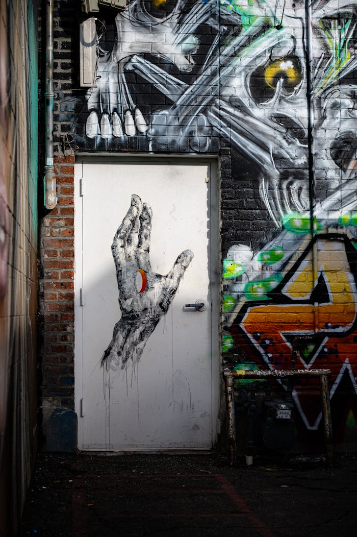 Detailed street art mural featuring a skeleton and graffiti in an alleyway.