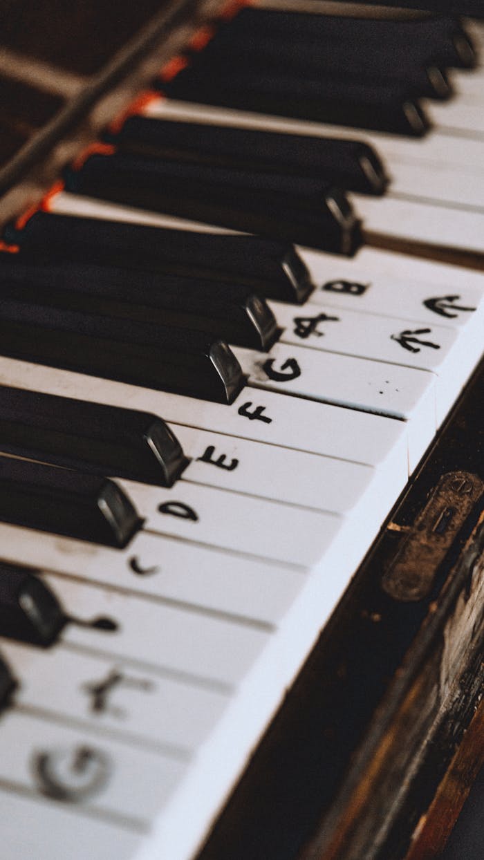 Detailed shot of a vintage piano keyboard with musical notes written on keys, ideal for music education.