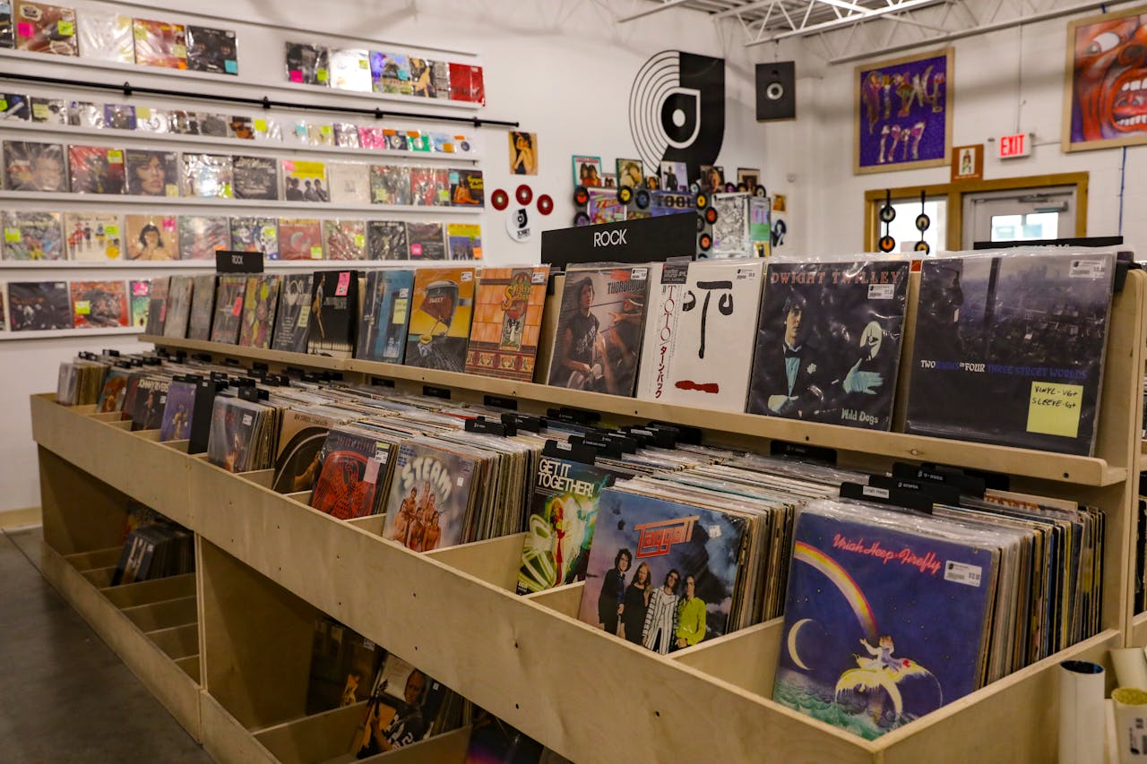 Browse vinyl records at a retro store in Tulsa, OK, featuring classic rock and eclectic album covers.